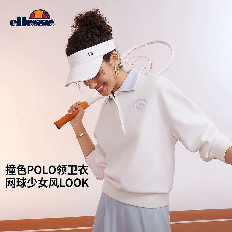 Ellesse刺绣polo领长袖套头卫衣25秋冬新款网球运动风长袖上衣