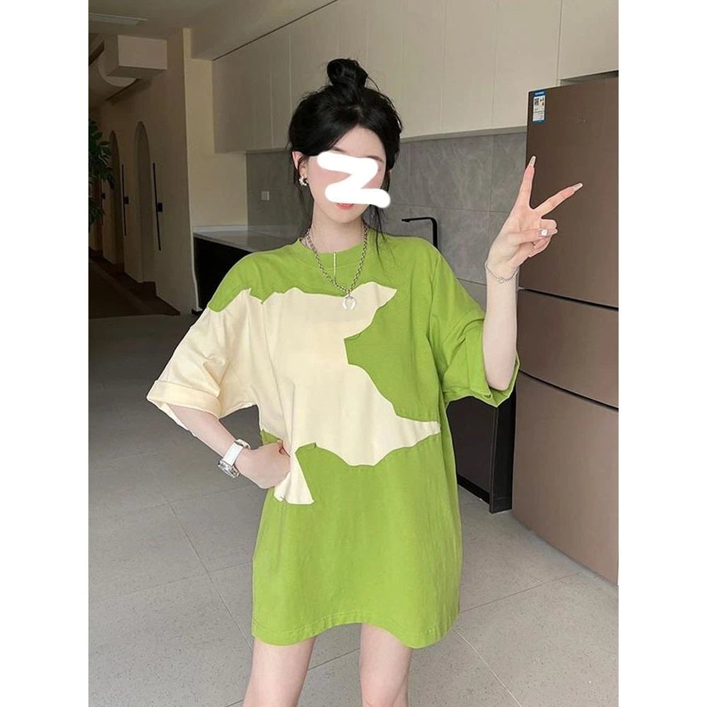 大码300斤小众设计感拼接短袖T恤男女夏季复古宽松情侣上衣