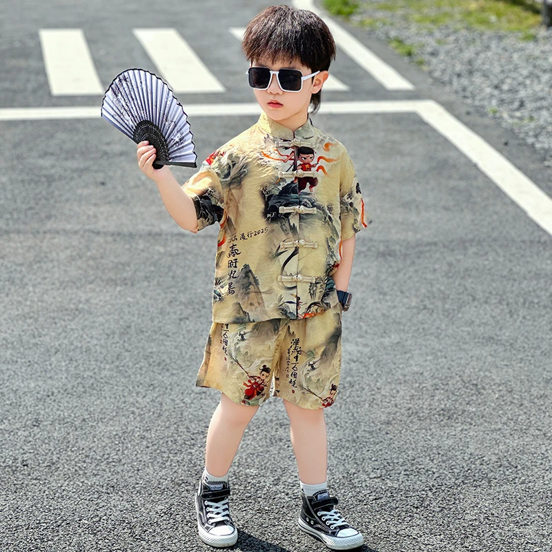 哪吒儿童装男童汉服套装夏装2025新款中国古风唐装宝宝夏季新中式