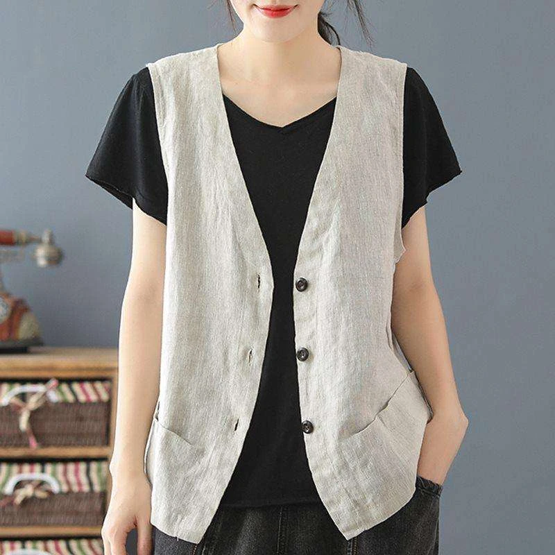 V领棉麻马甲外套女夏季欧货宽松外搭小背心纯色休闲无袖坎肩上衣