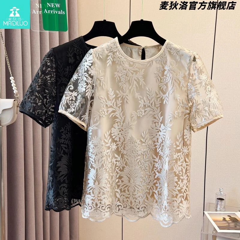 超火减龄网纱短袖t恤女夏大码胖mm显瘦遮肉蕾丝衬衫上衣2025新款