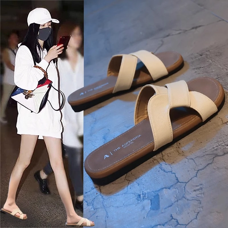 平底凉拖鞋女外穿2025新款夏网红仙女风软底海边沙滩一字拖