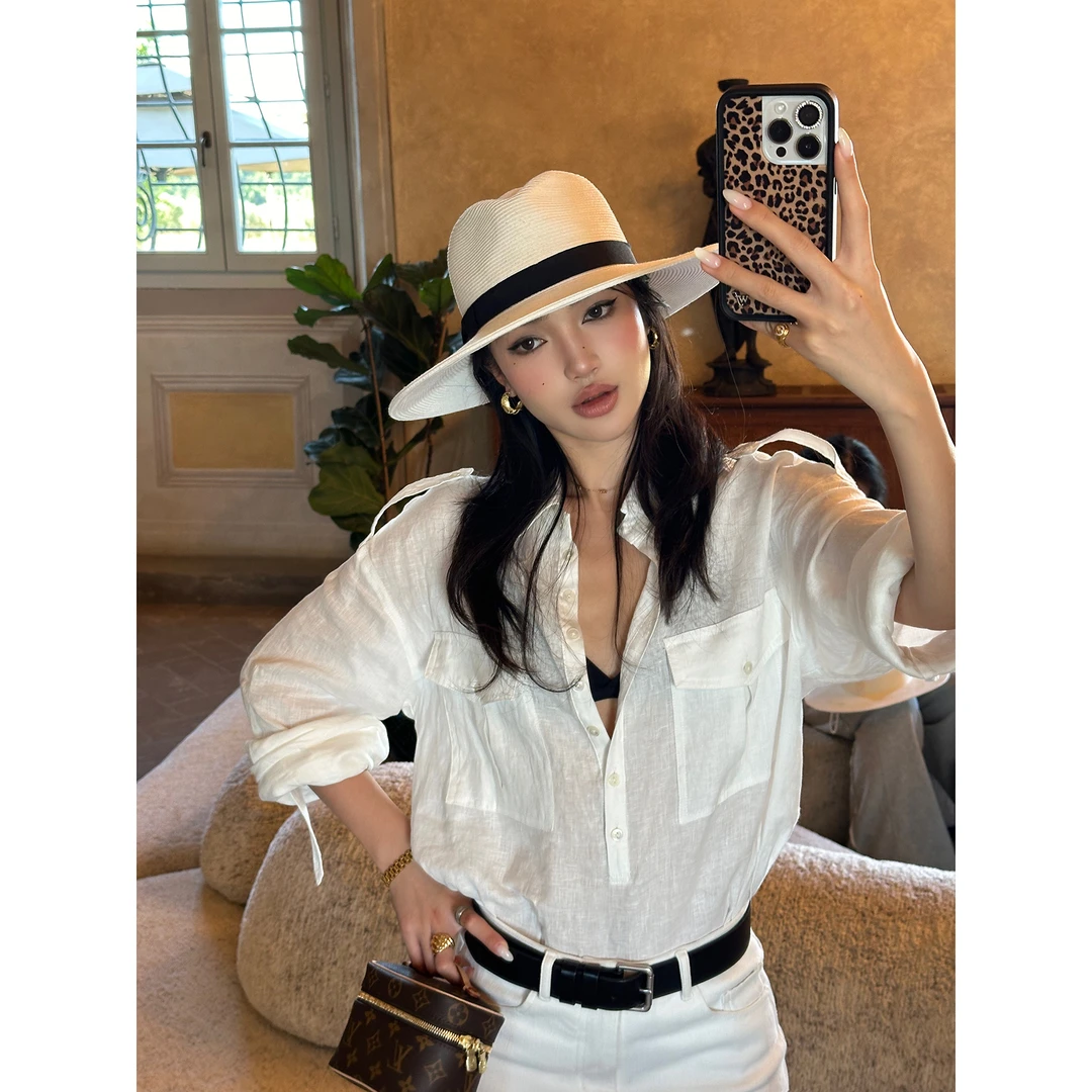 rovente 松弛密码白色亚麻衬衫女士防晒长袖设计感宽松polo领上衣