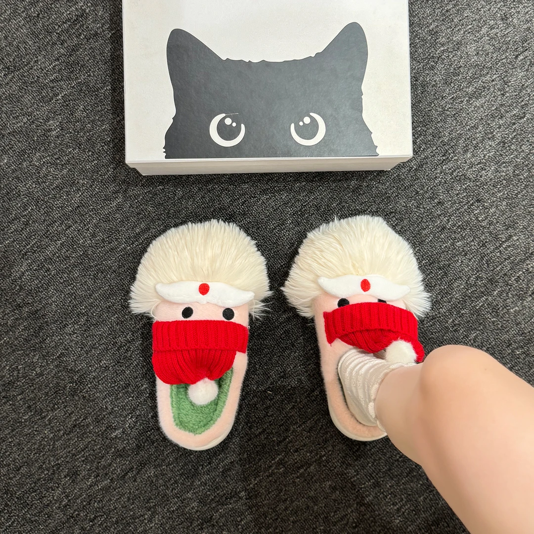 可爱圣诞老人棉拖鞋女冬季室内居家加绒保暖厚底防滑包跟毛毛棉鞋