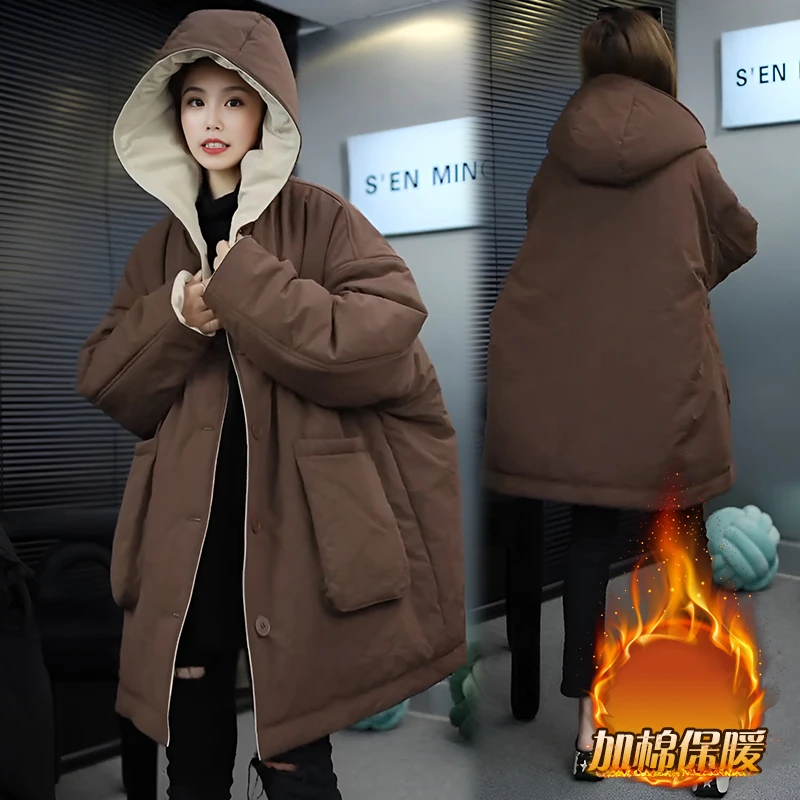 简约口袋棉服外套女宽松显瘦高级感时尚双面美拉德女式中长款棉衣