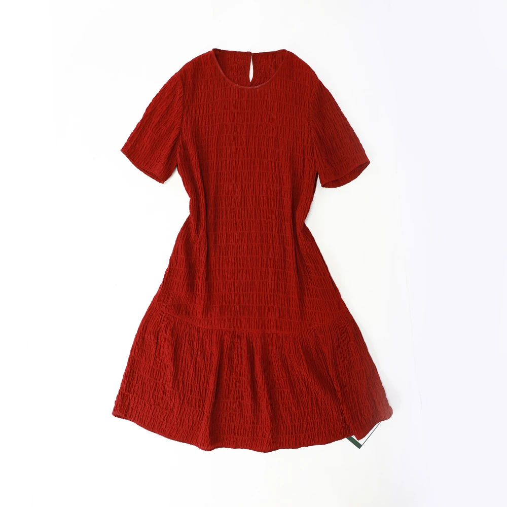 品牌新款宽松圆领荷叶边短袖肌理感连衣裙516200