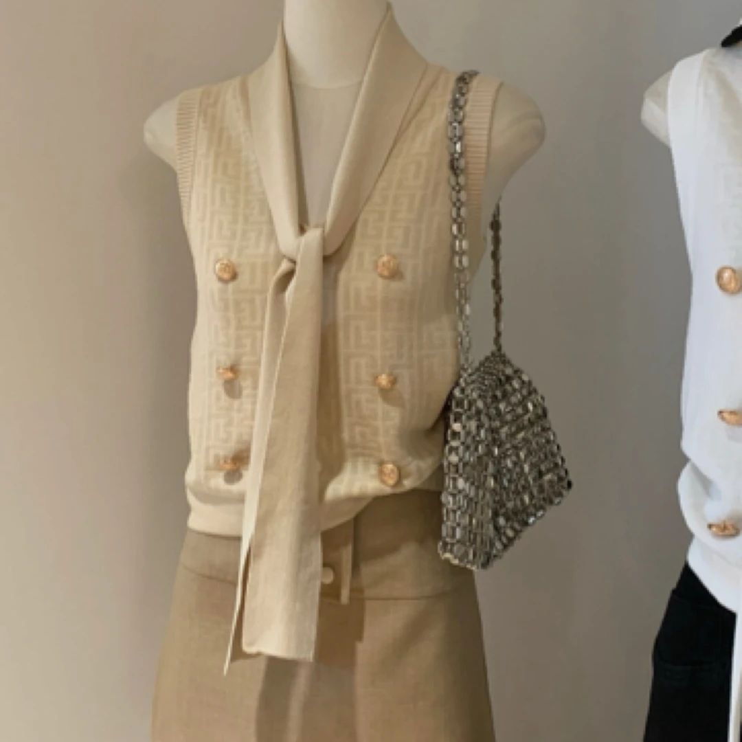 IMM 「优雅芬芬」轻奢小香风飘带修身无袖上衣