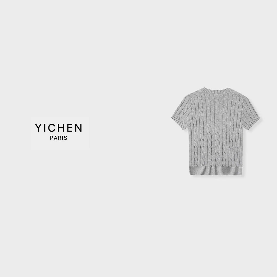 YC 经典立体绞花刺绣徽标圆领针织短袖白色/花灰色-6095