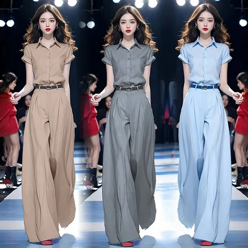 气质减龄显瘦高腰垂感阔腿裤套装女2025夏季新款时尚短袖两件套