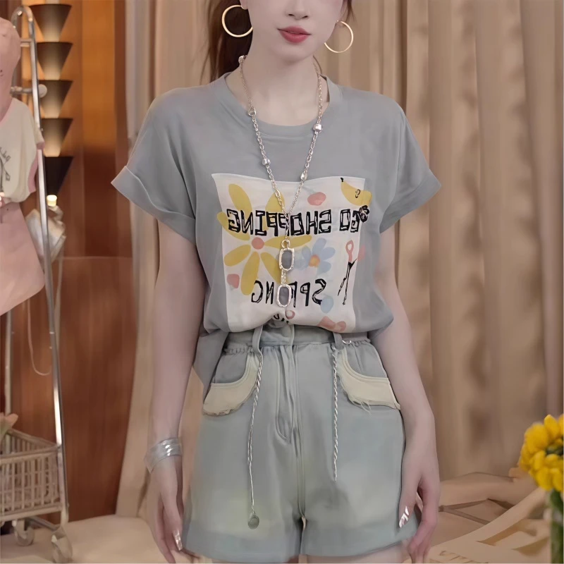 卡通提花短袖针织衫T恤女2025夏季新款百搭休闲洋气减龄上衣圆领