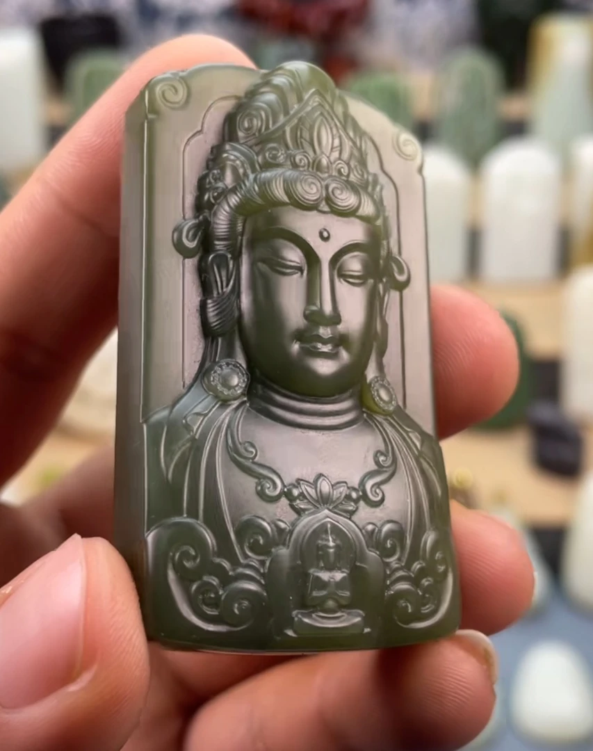 【阿良的玉】和田玉豆青色标观世音牌子