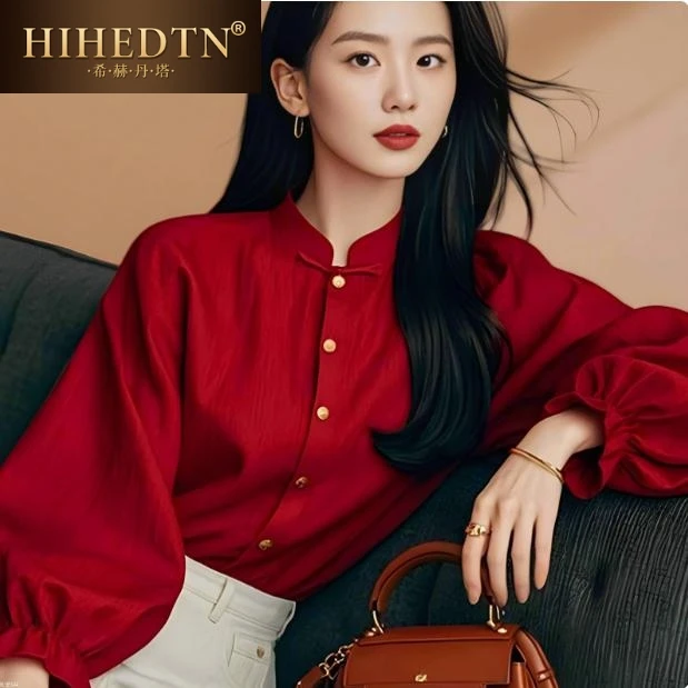 新款2025女装春秋季立领灯笼袖新中式国风安可拉红衬衫女