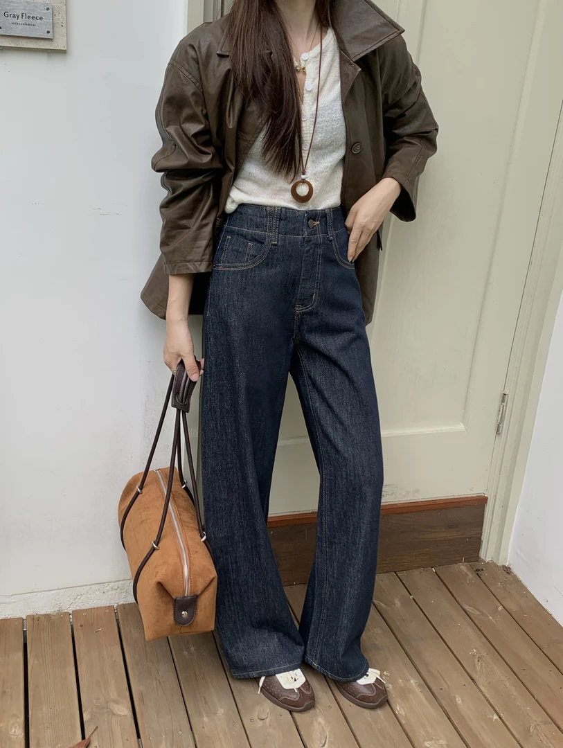 巴布68718牛仔裤女秋新款阔腿裤Kabodo高腰普洗色宽松弯刀拖地裤