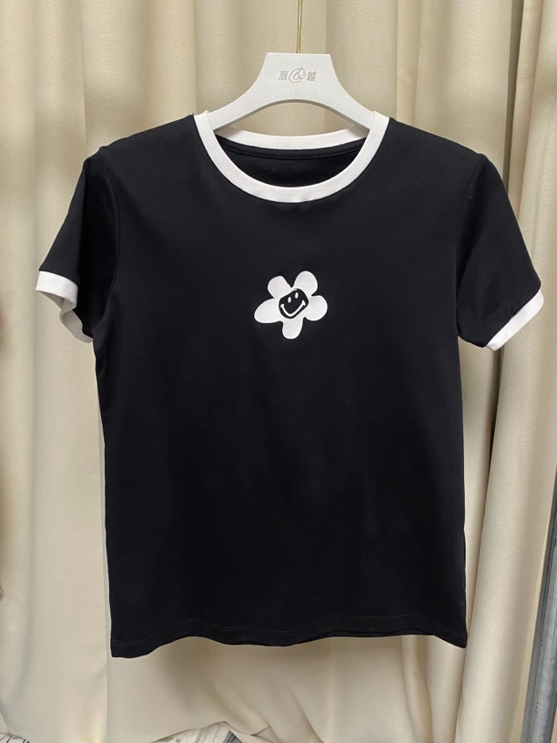 短袖不起球通勤撞色通勤女T恤设计师黑色新复古风