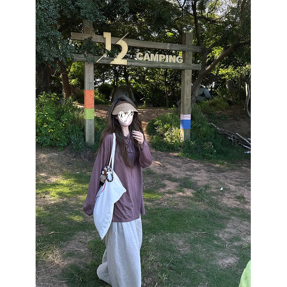 慵懒感轻薄款宽松长袖松弛感防晒罩衫T恤+麻色垂坠阔腿裤21856