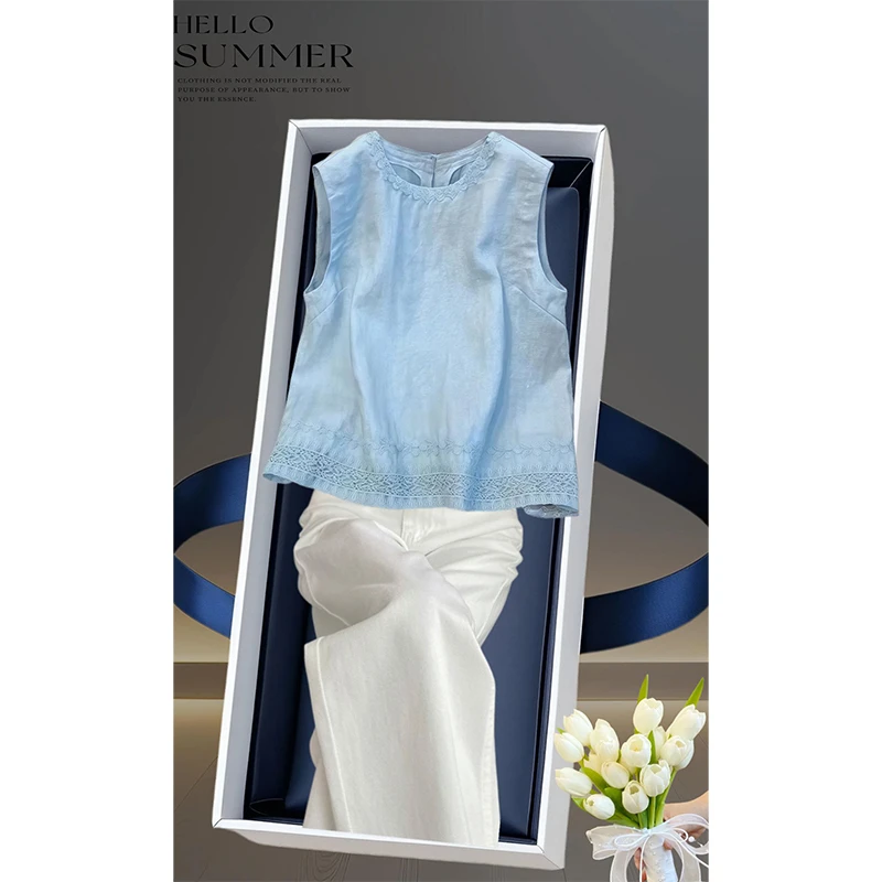 2025夏季别致独特设计感小众上衣高级感超好看蓝色无袖T恤女爆款