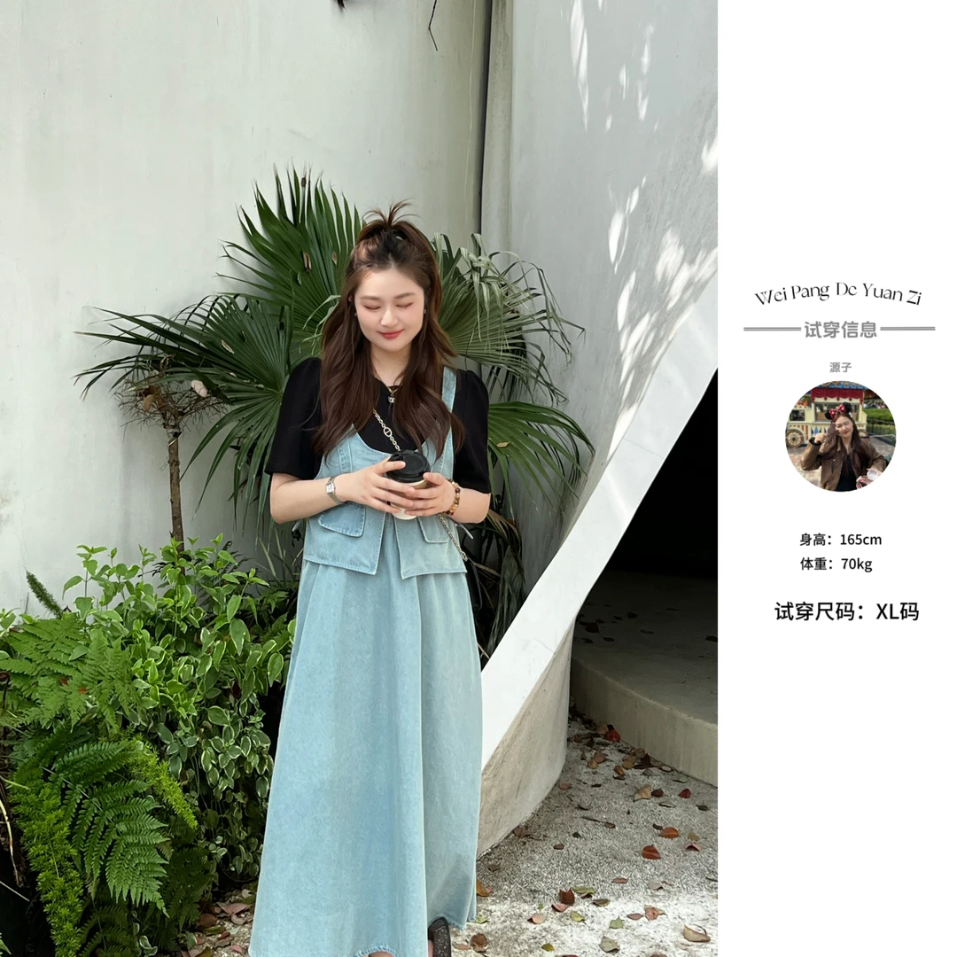 楠序源子微胖女装 假两件大码连衣裙夏季胖mm显瘦款牛仔裙YZ36077