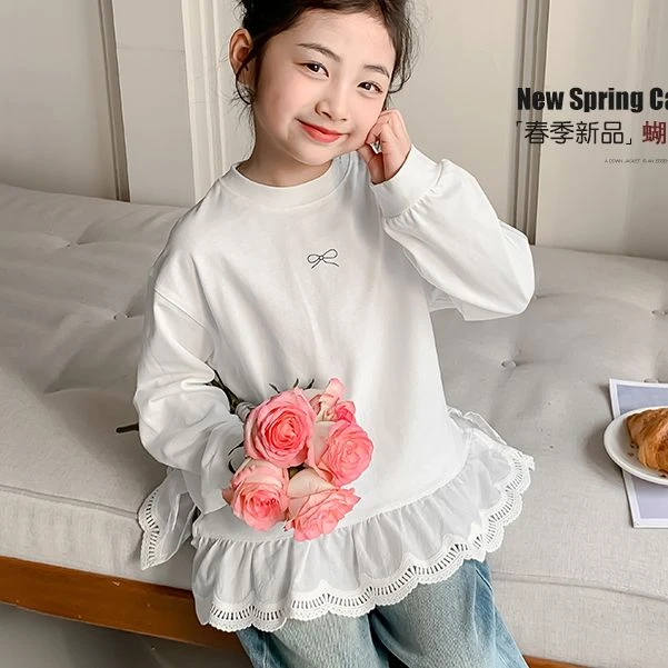 女童春秋装新款甜美上衣2025新款女孩洋气花边打底衫T恤Q0199