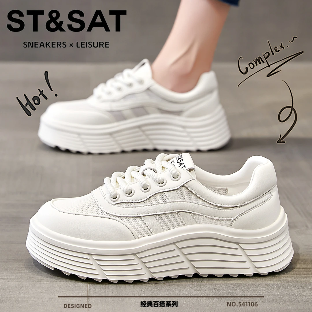 星期六真皮松糕鞋子女款爆款2025新款网面透气休闲运动鞋小白鞋女