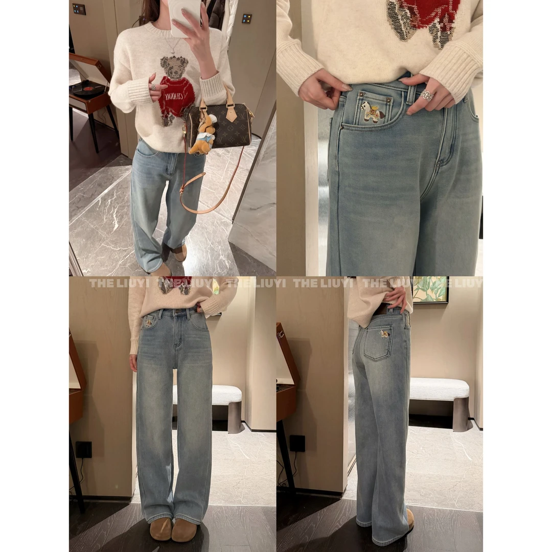 【LIUYI】小马牛仔~冬季加厚绒重工刺绣浅蓝水洗牛仔裤51204A7