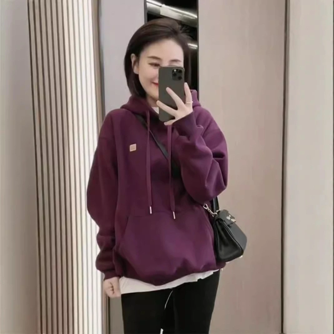 高级感紫色加绒连帽卫衣女装冬季2024新款爆款小个子今年流行上衣