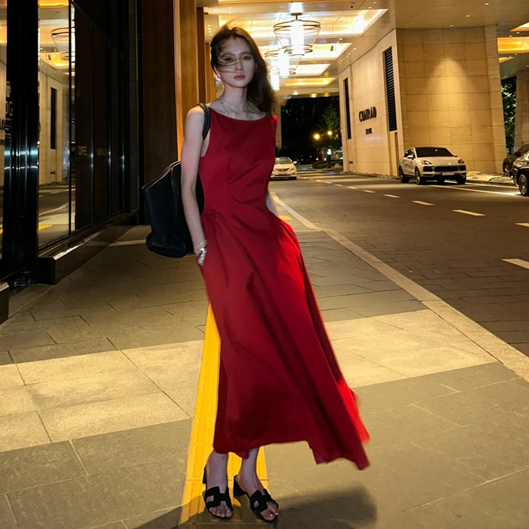 法式红色无袖背心连衣裙子女夏季2025海边度假高级感气质长裙5553
