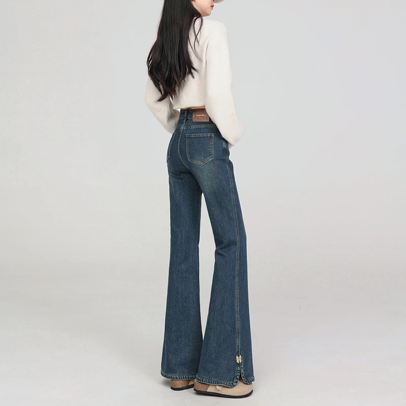 春季新款大码胖MM早春开叉微喇牛仔裤女修身显瘦马蹄喇叭高腰弹力