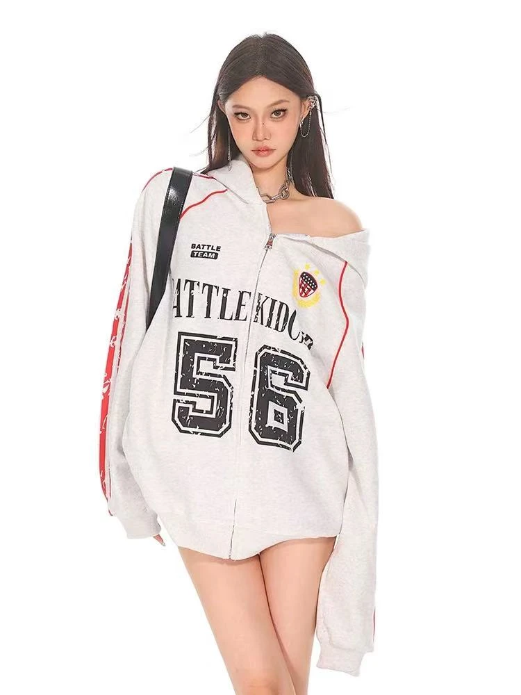 美式复古运动重磅印花情侣连帽卫衣女