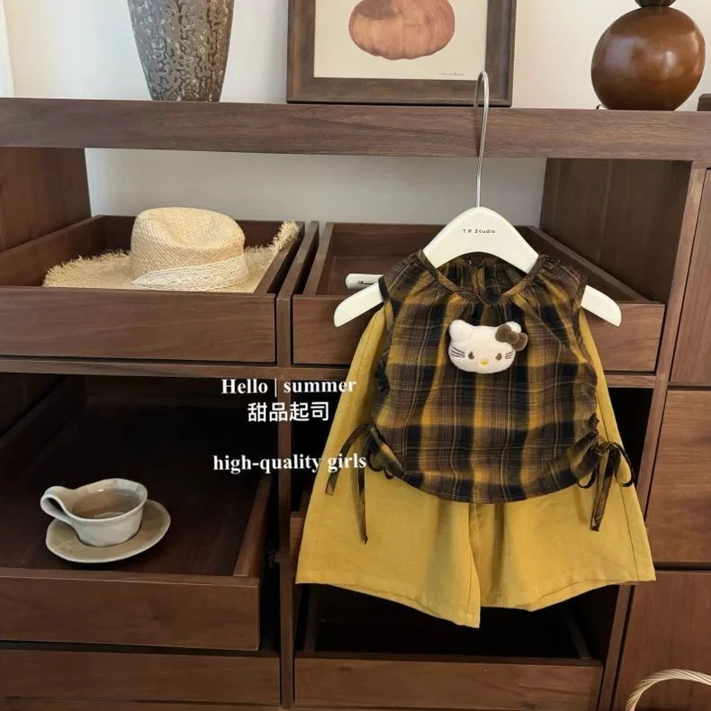 女宝宝套装2025韩版夏季女童格纹两件套甜美休闲