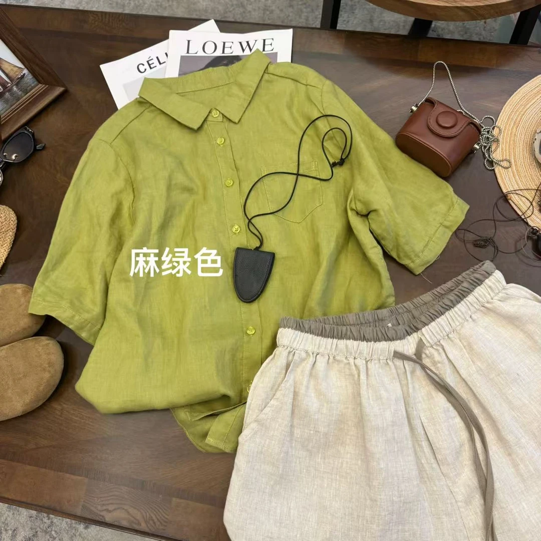 2025夏季新款文艺复古100%亚麻 简约时尚韩版  圆领中袖 衬衫