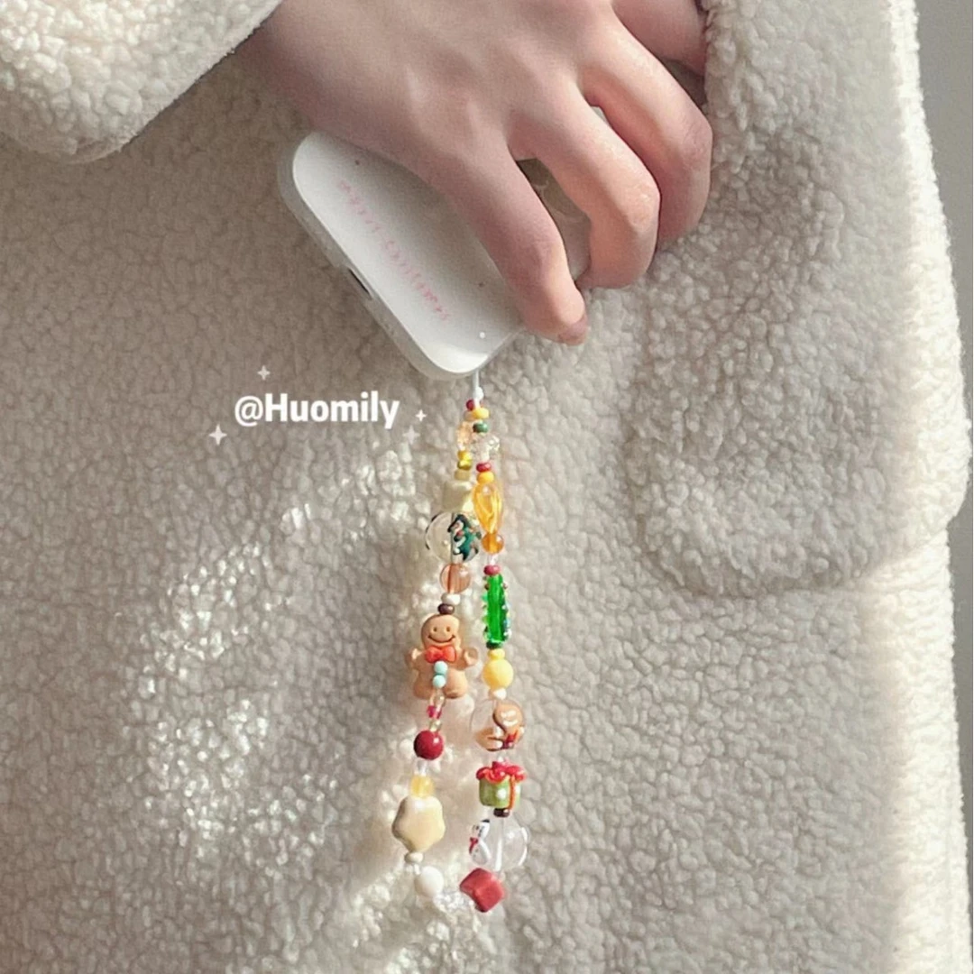 圣诞卡通姜饼人手机链条ccd挂饰挂绳可爱串珠diy相机防丢绳钥匙扣