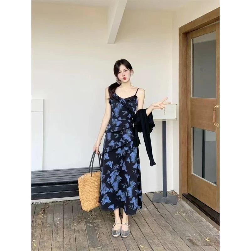 致爱丽丝-夏季法式印花蝴蝶碎花裙子收腰显瘦长裙-披肩连衣裙8553