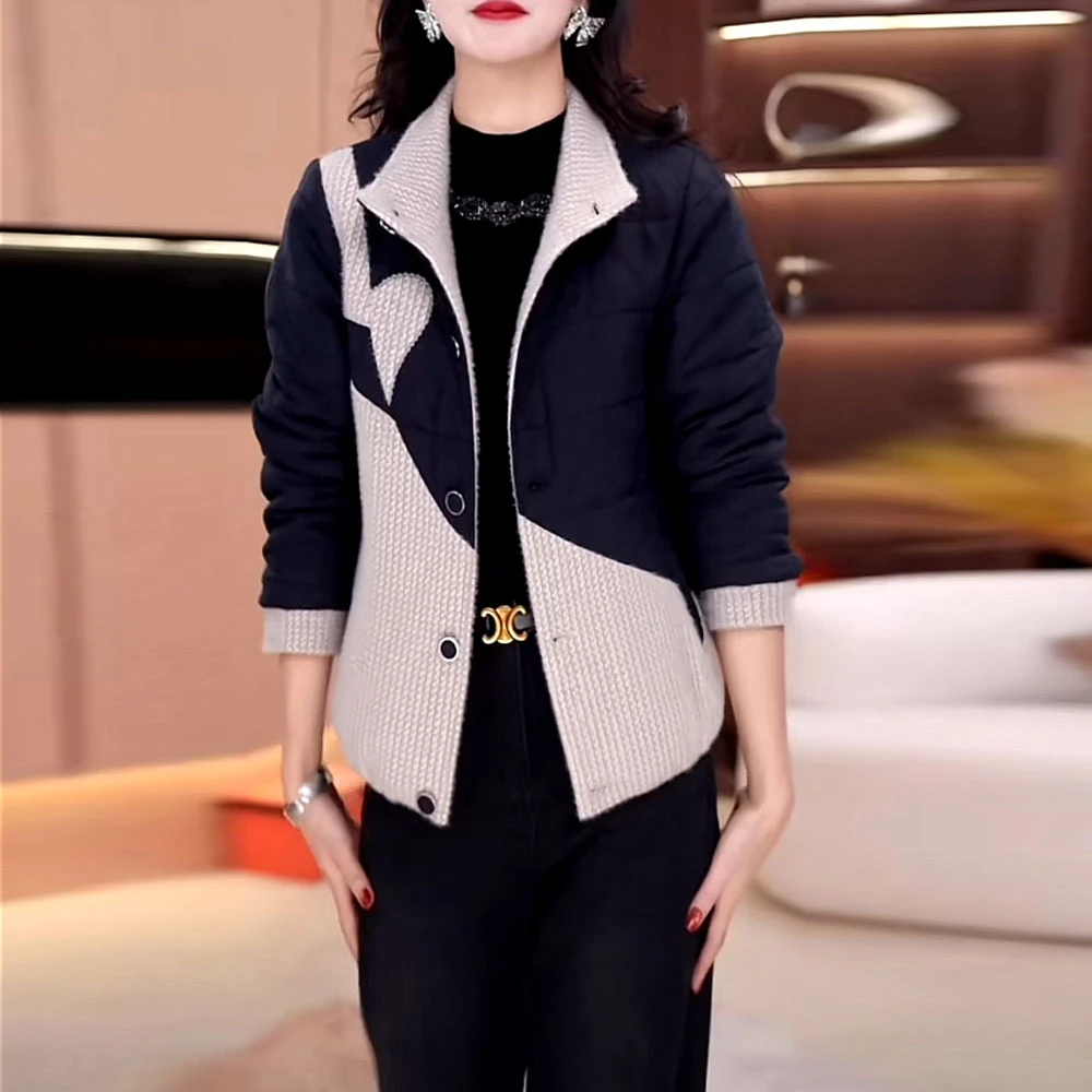 梭织菱形格纹夹棉立领短外套2025冬季新款气质百搭拼接轻薄小棉衣