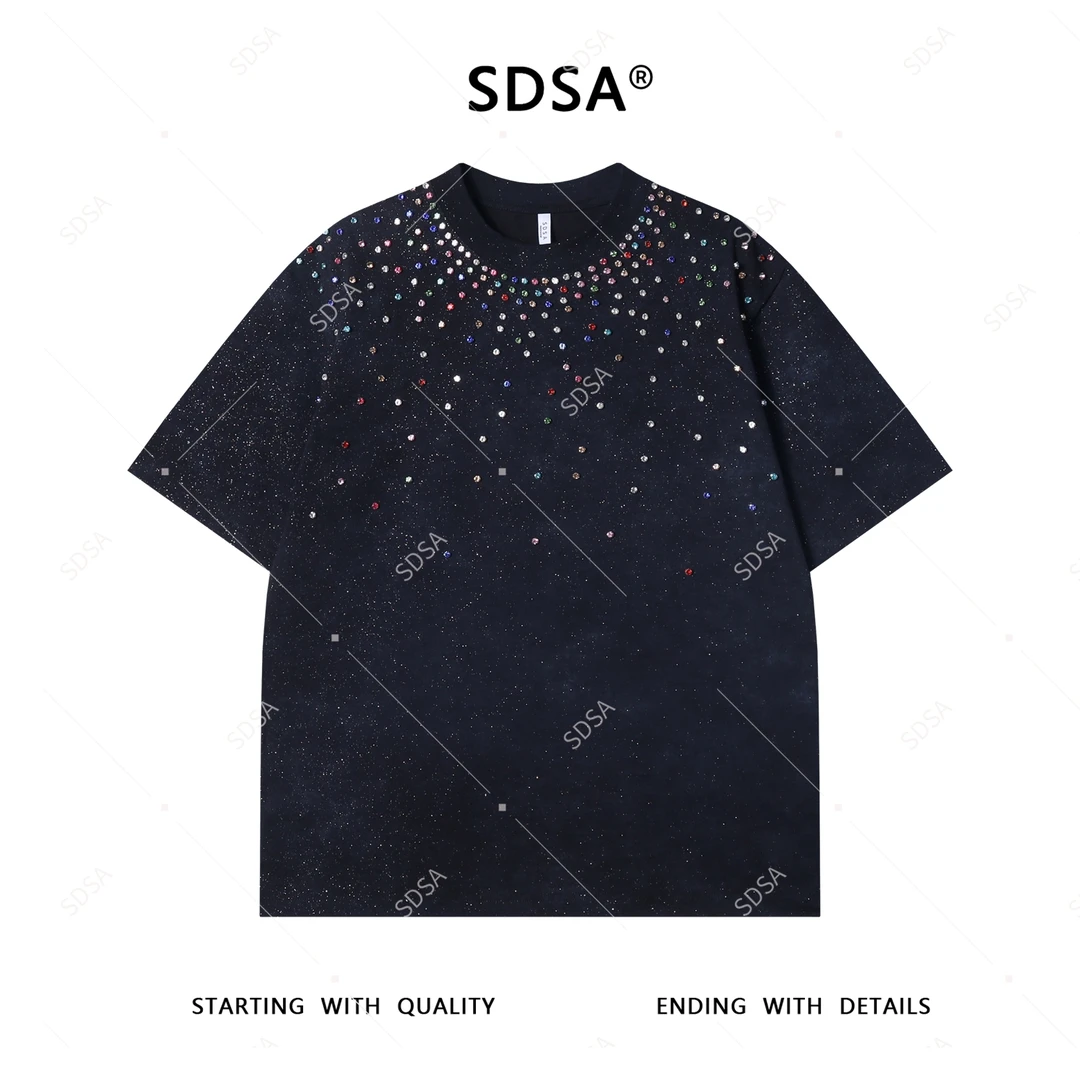 夏季高级感新款男士美式满天星彩色镶钻短袖T恤痞帅重工圆领上衣