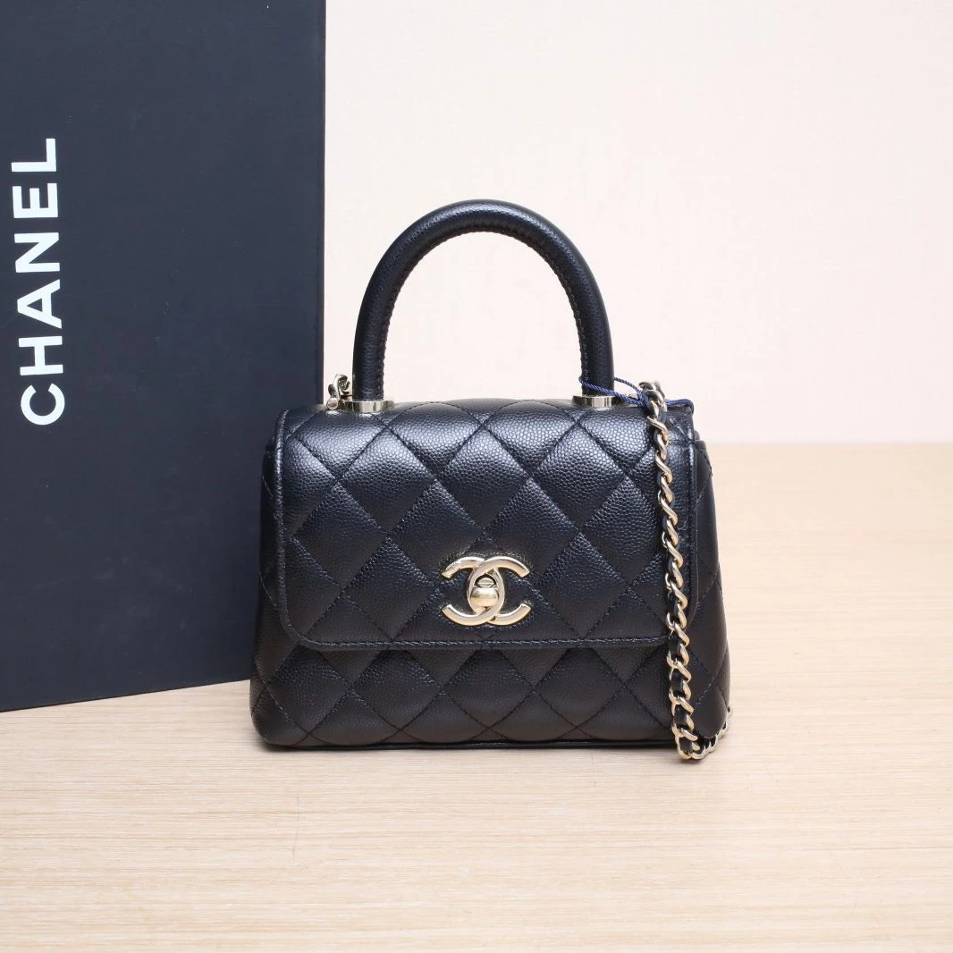 99新 Chanel/香奈儿 小花6欢 24K Handle mini 15.5cm 黑色包