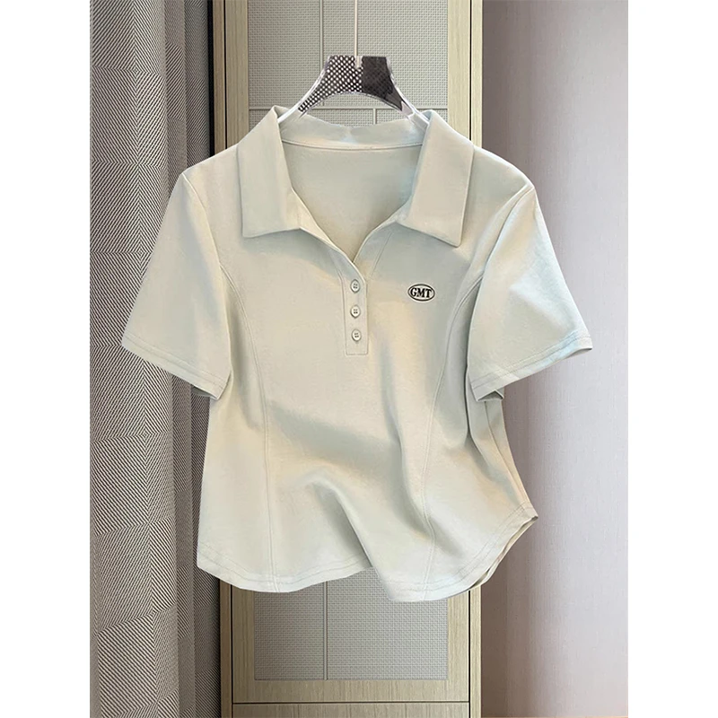 大码200斤气质名媛小众排扣v领Polo衫正肩字母印花短袖t恤女上衣