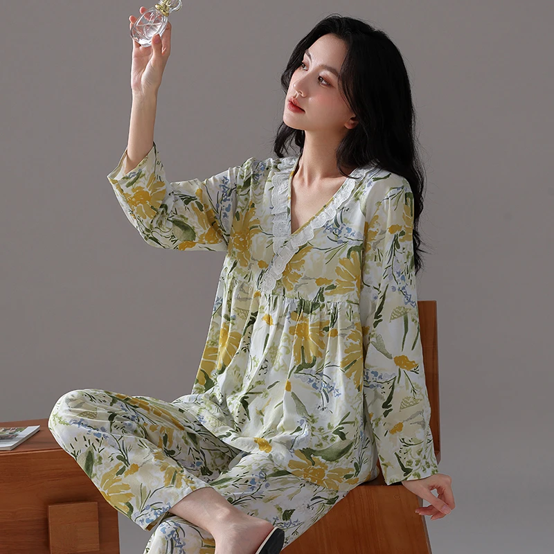 棉绸睡衣女套装春夏大码宽松长袖长裤薄款V领可外穿家居服两件套
