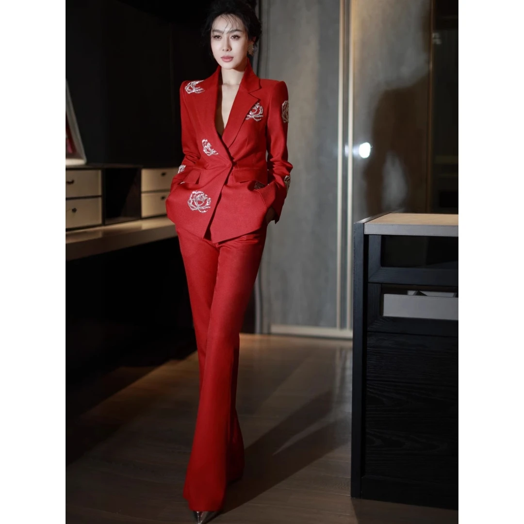 南油批发春季新款高级感玫瑰花钻西装套装女收腰西服微喇裤两件套