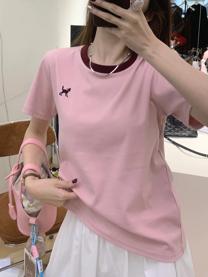 春夏新款插色休闲显瘦短袖女百搭ins宽松潮流小众圆领设计感D2
