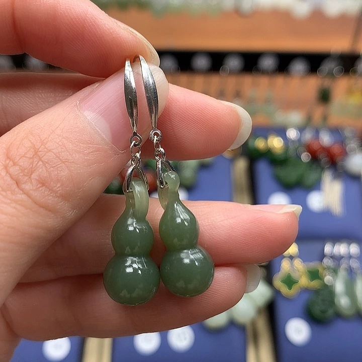 和田玉银S925镶嵌耳饰葫芦21.6左右湖水绿