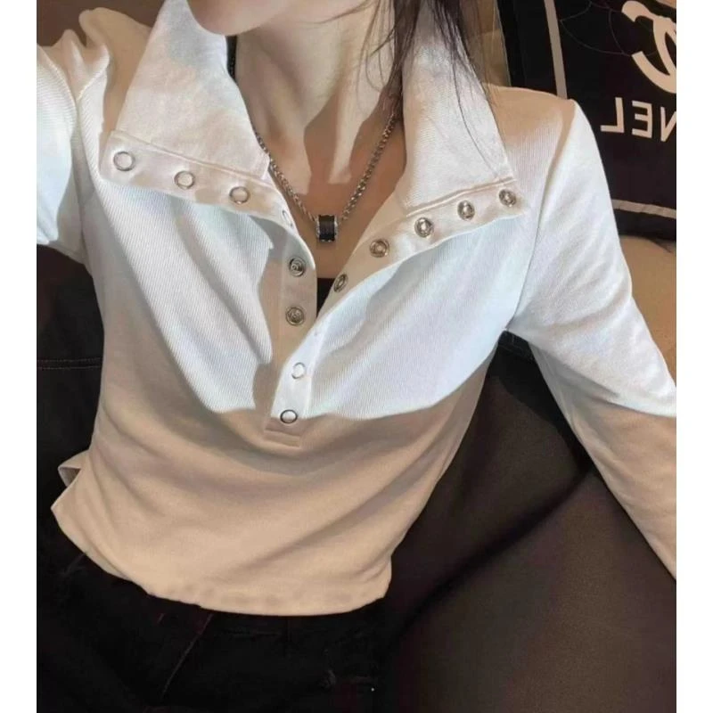 早秋新款时尚简约气质设计感立领半开扣舒适竖螺纹长袖T恤88262-G