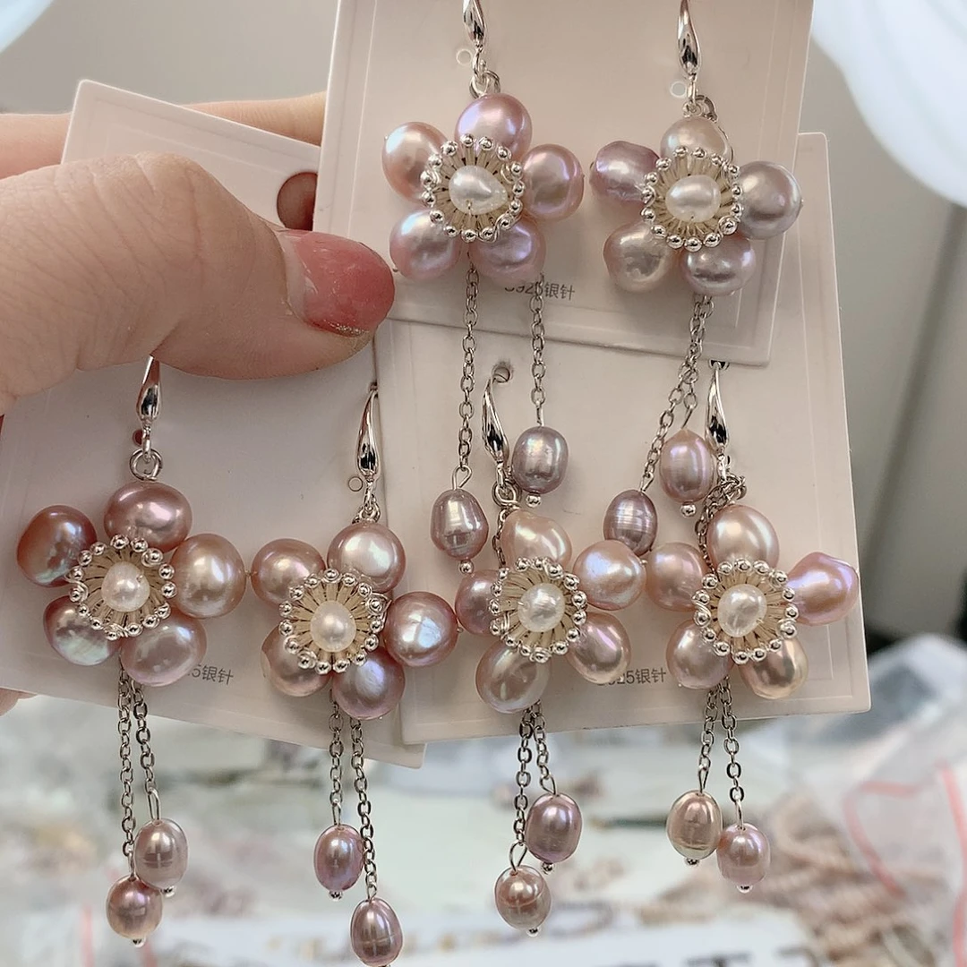 银S925镶嵌耳饰淡水珍珠紫花耳钩