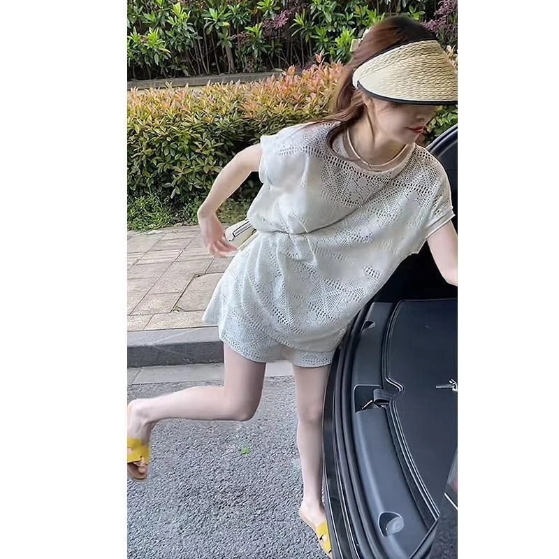 爆款重工蕾丝三件套女夏短裤短袖套装 2025新款镂空设计孕妇装