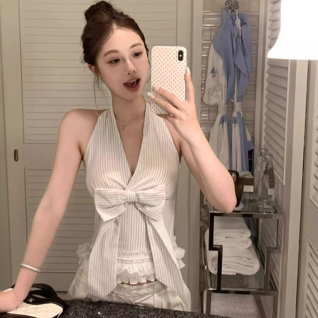 法式蝴蝶结条纹鱼骨束型挂脖V领连衣裙设计感挂脖收腰显瘦A字长裙