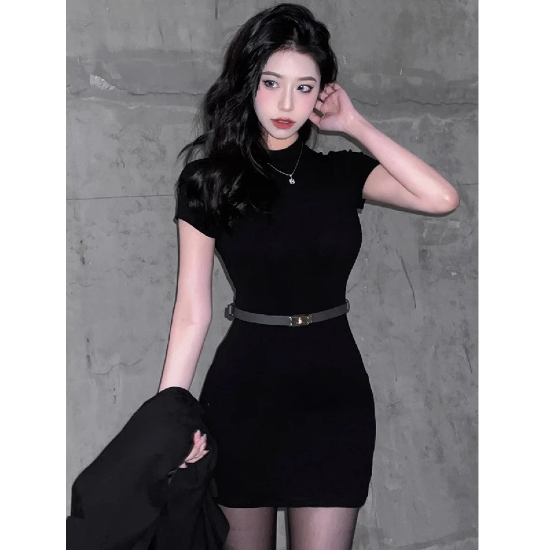 名媛气质黑色半高领短袖连衣裙女夏季高级感紧身收腰显瘦包臀裙子