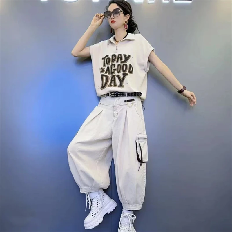 夏款短袖印花五色系扣翻领上衣-拉链装饰