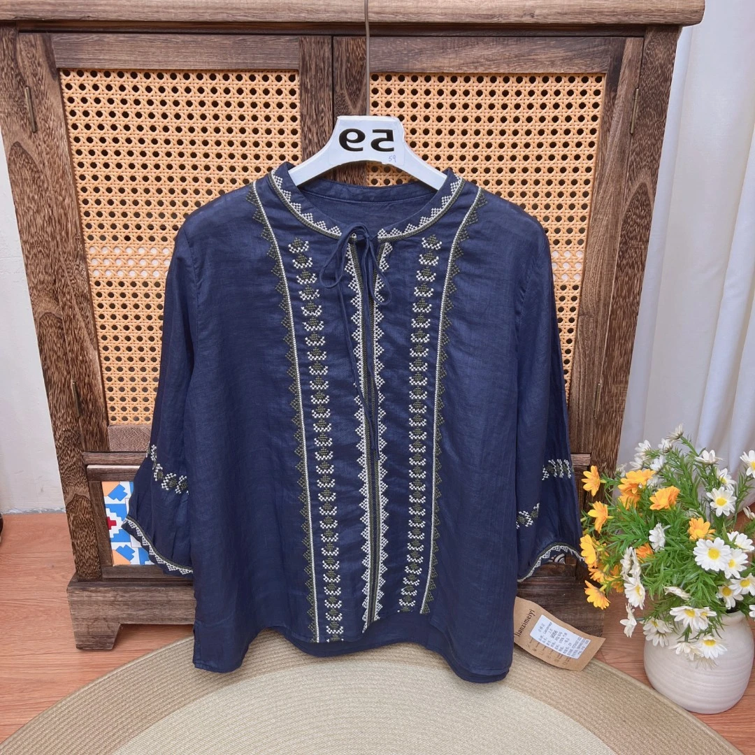 [059拍这里]复古国风刺绣印花苎麻小衫女2025夏新款上衣女休闲风