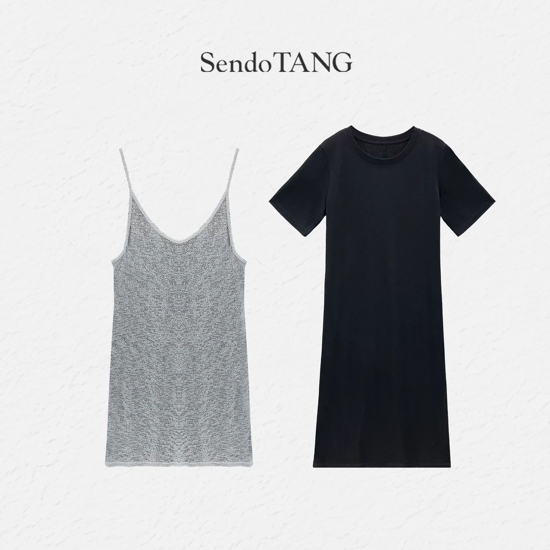 两件套【率性出街】胖多女装夏季新款休闲百搭吊带短袖连衣裙套装