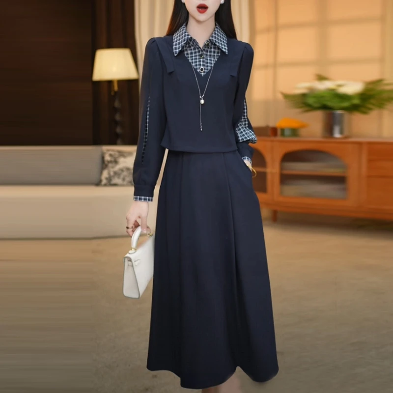 四面弹洋气女装2025秋冬新款长袖高贵假两件修身显瘦气质连衣裙子