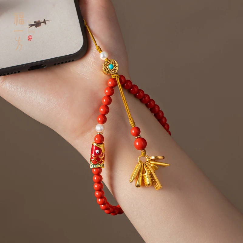 天然辰砂朱砂锦鲤多宝手机链挂件本命年新款礼物高档简约文艺送礼